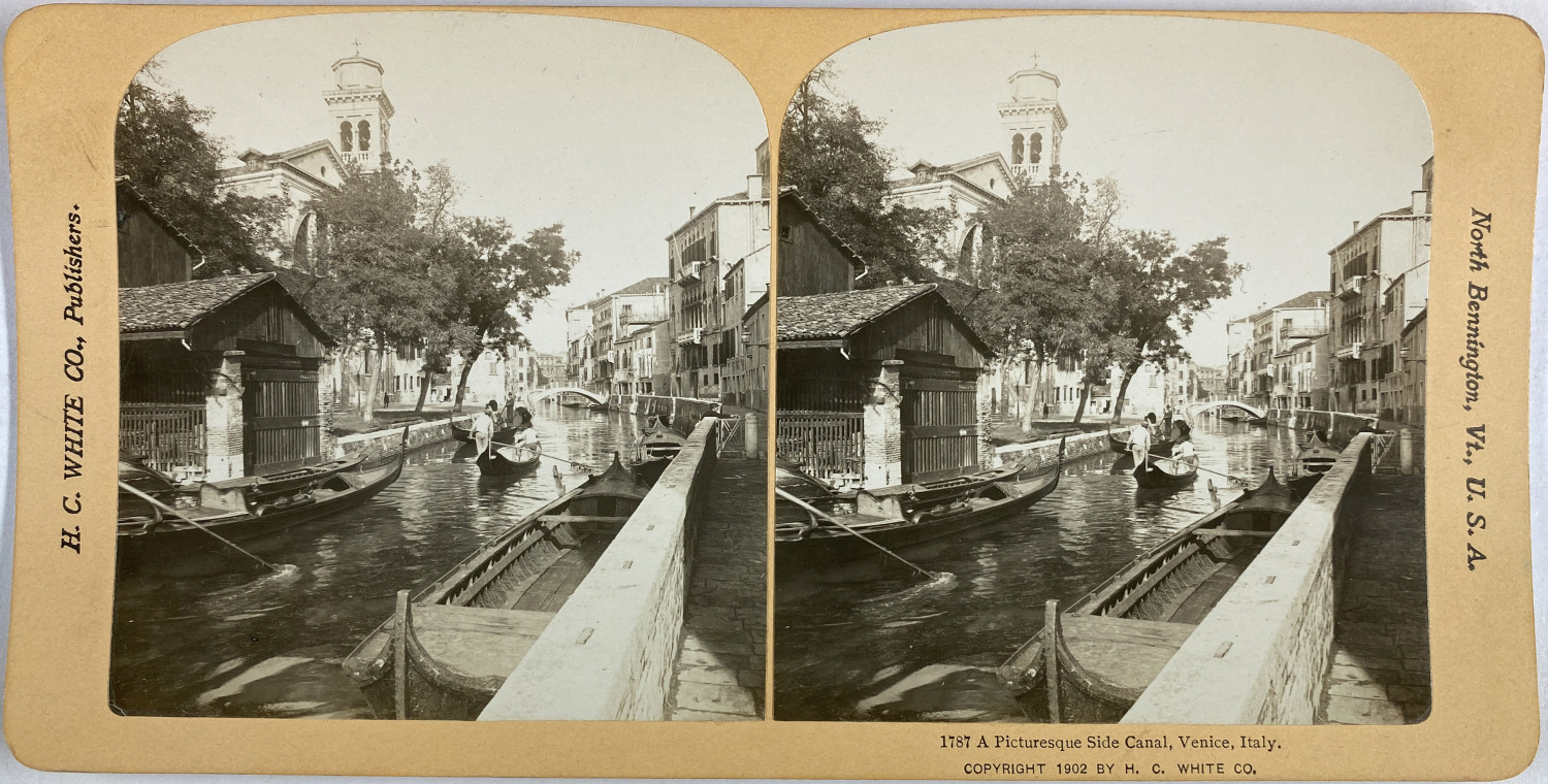 White, Italy, Venice, A Picturesque Side Canal, Stereo, 1902 Vintage Stereo Card