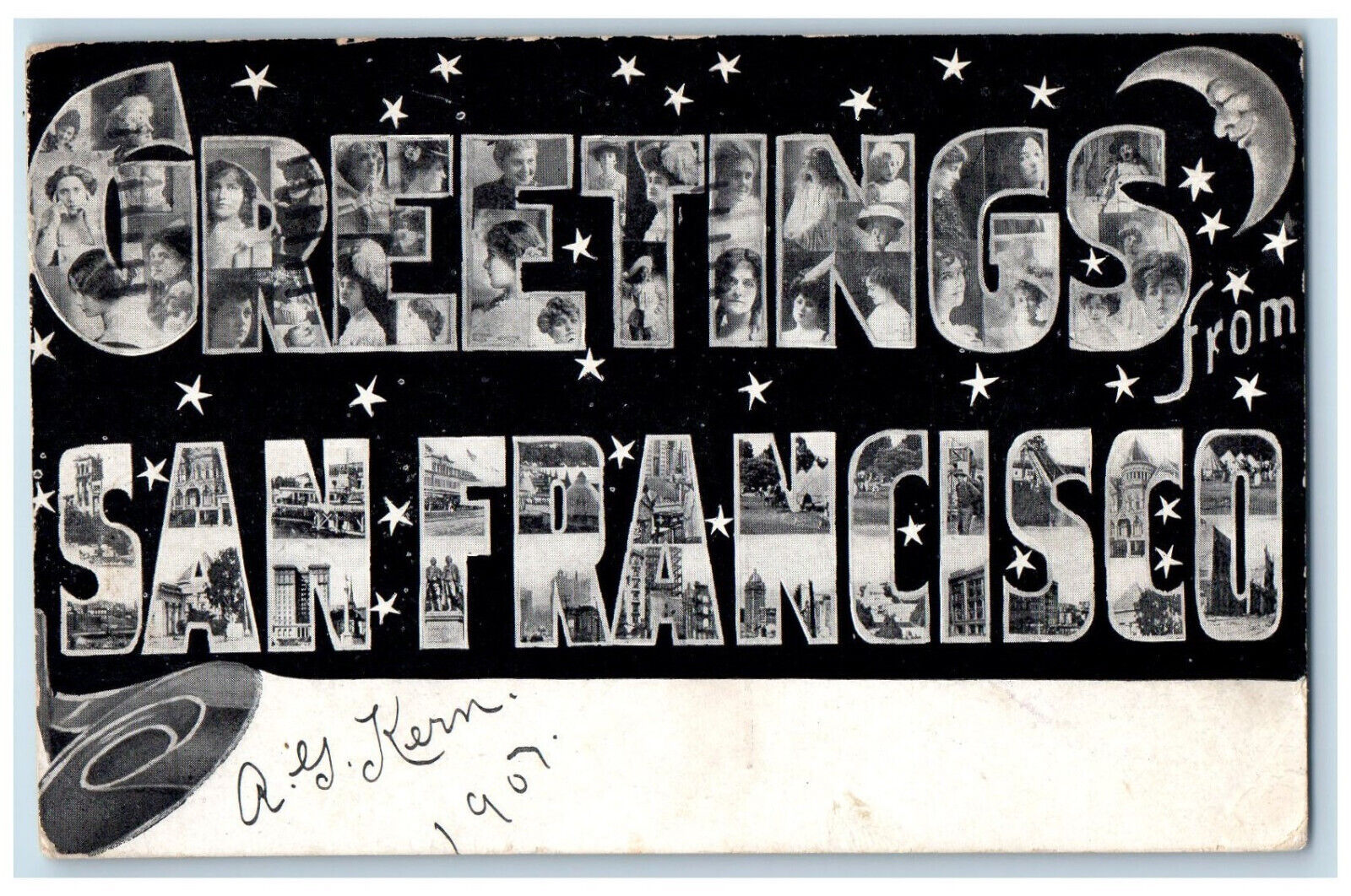 1907 Greetings from San Francisco California CA Large Letter Stars Moon Postcard