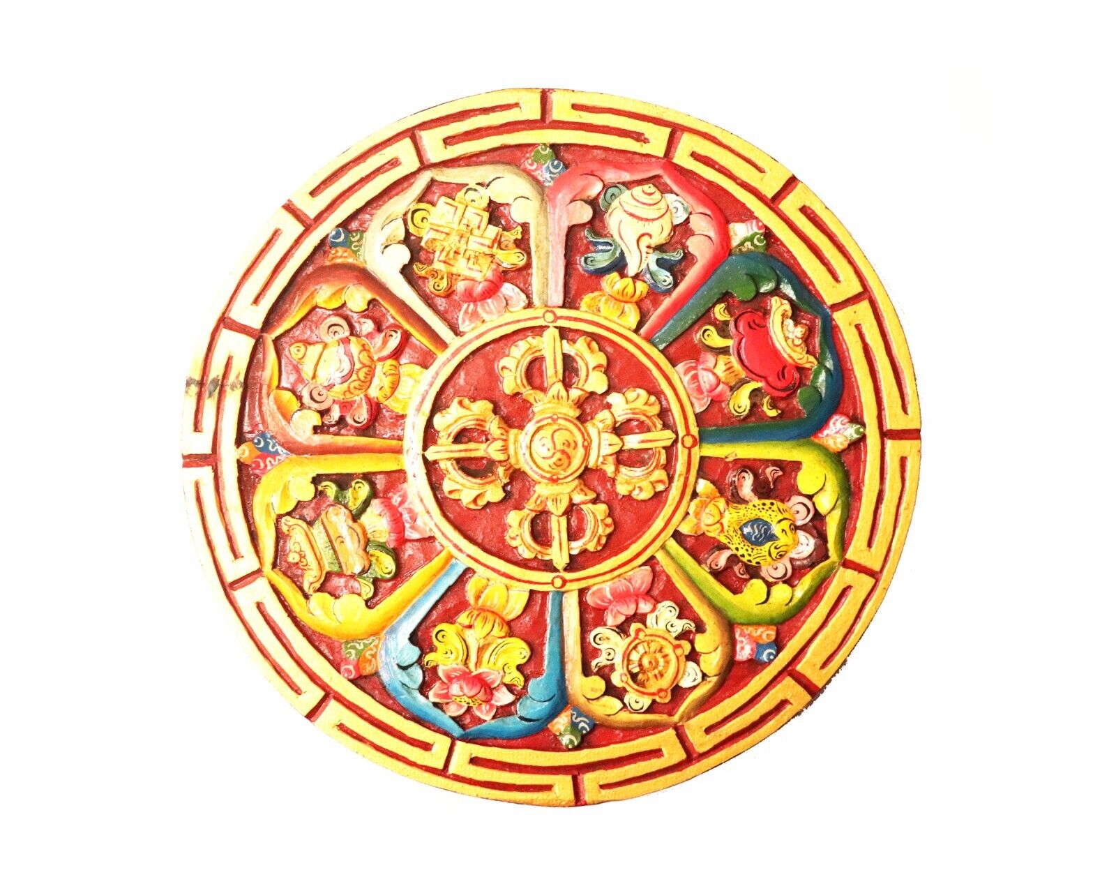 Eight Auspicious Buddhist Symbols Hand Carved In Wood , Buddhist Spiritual Art