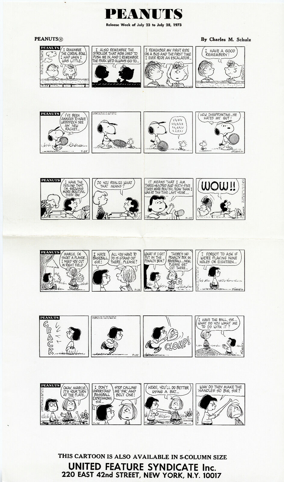 6 Daily Peanuts Strips by Charles Schulz July 23 to July 28 1973 Photostat Print