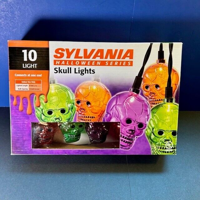 Vintage Sylvania Skull 10 Light String Purple Green Orange Halloween 9 Feet New