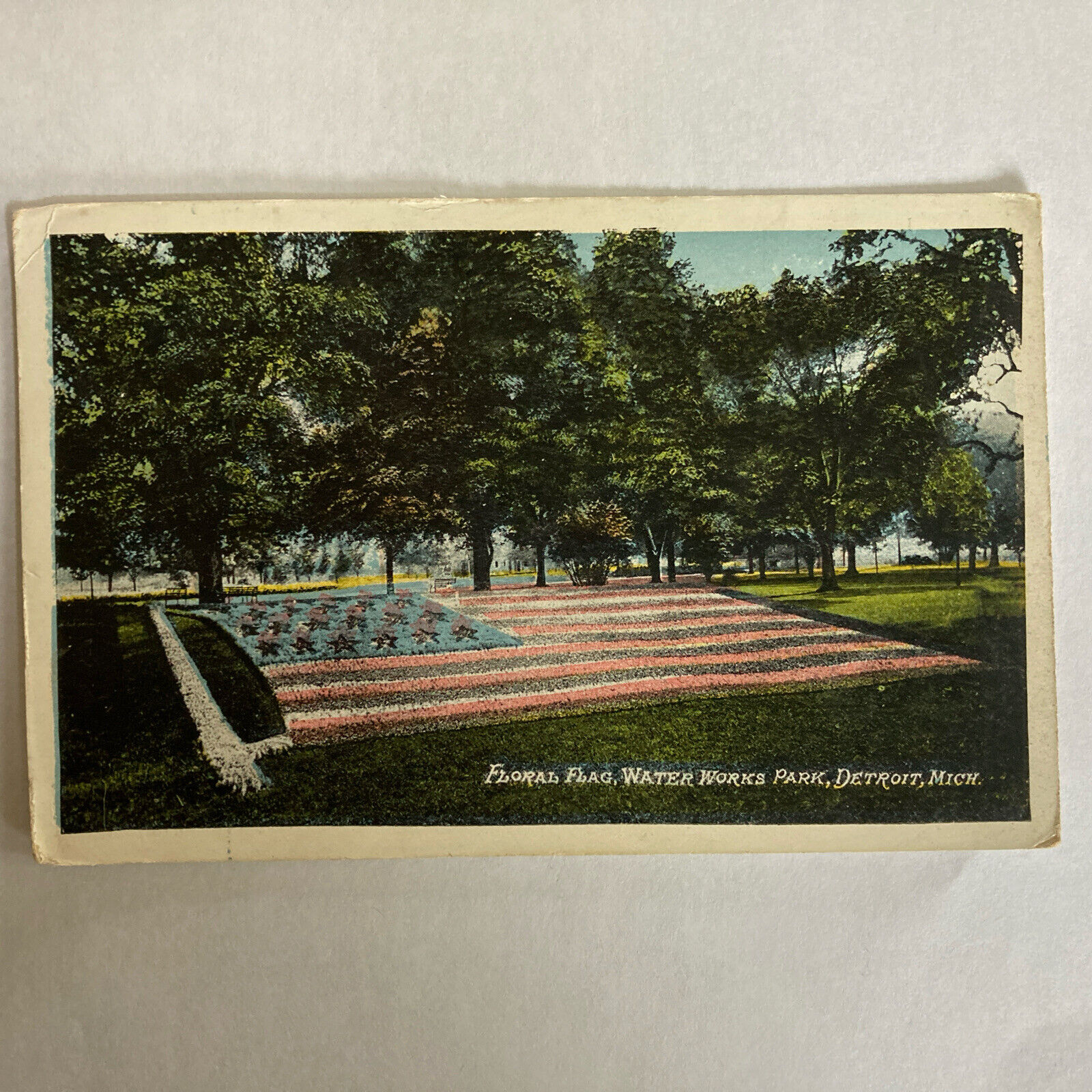 Michigan MI Detroit Water Works Park Floral American Flag Postcard