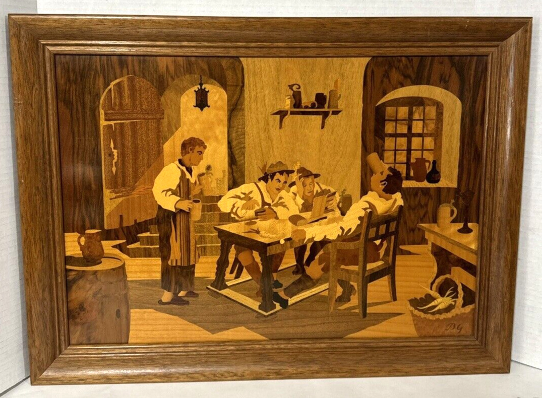 Buchschmid Gretaux Marquetry Wood Inlay Panel Bavarian Tavern RARE 21.5x15.75in