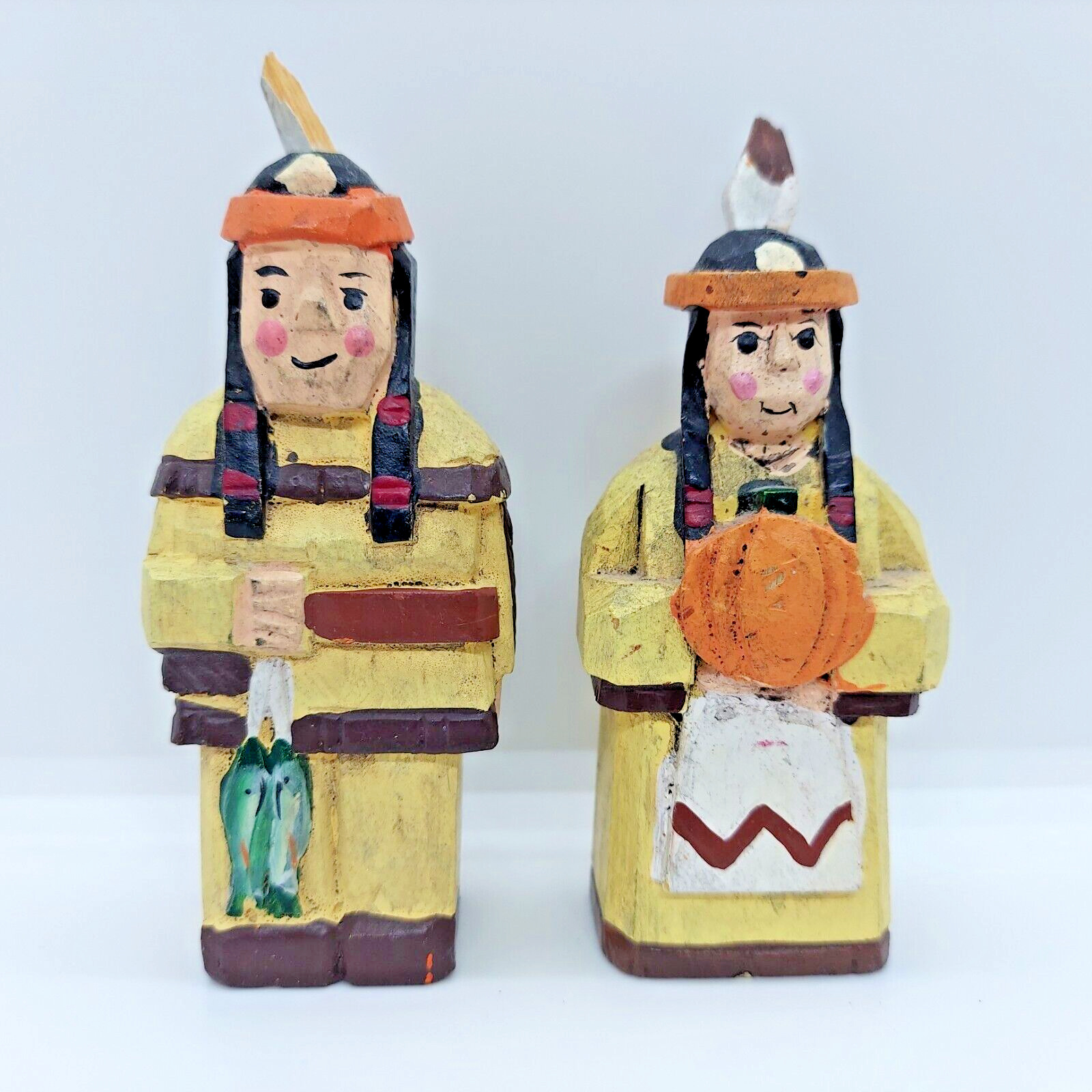 Vintage Pair Wooden Hand Carved Native American 4” Figures Wood Husband Wife