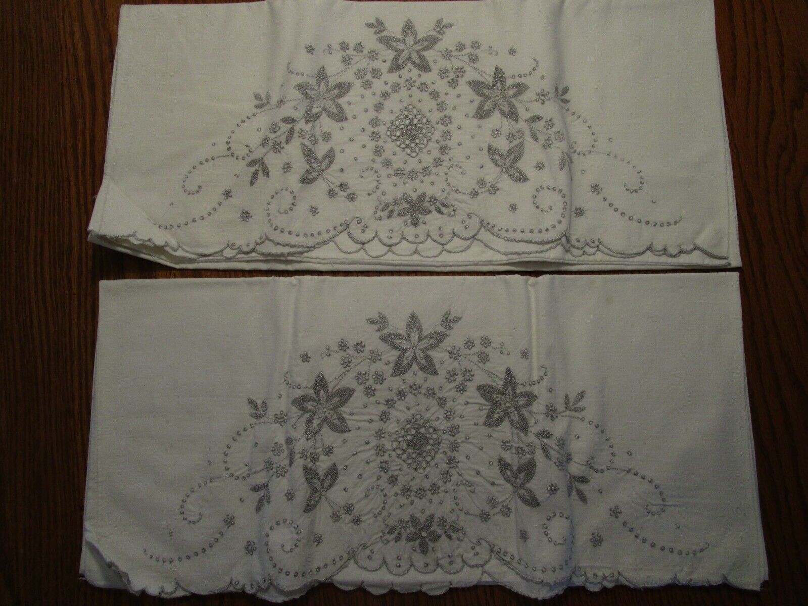 Vintage Emboidered Pillowcase Pair with Silver Flower Pattern