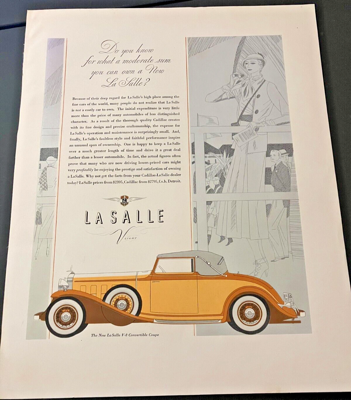 1932 LaSalle V-8 Convertible Coupe Vintage Print Ad Wall Art Metallic Silver Ink