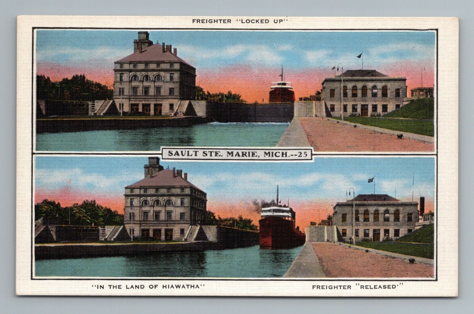 Freighter Sault Ste Marie Hiawatha Michigan Vintage Postcard