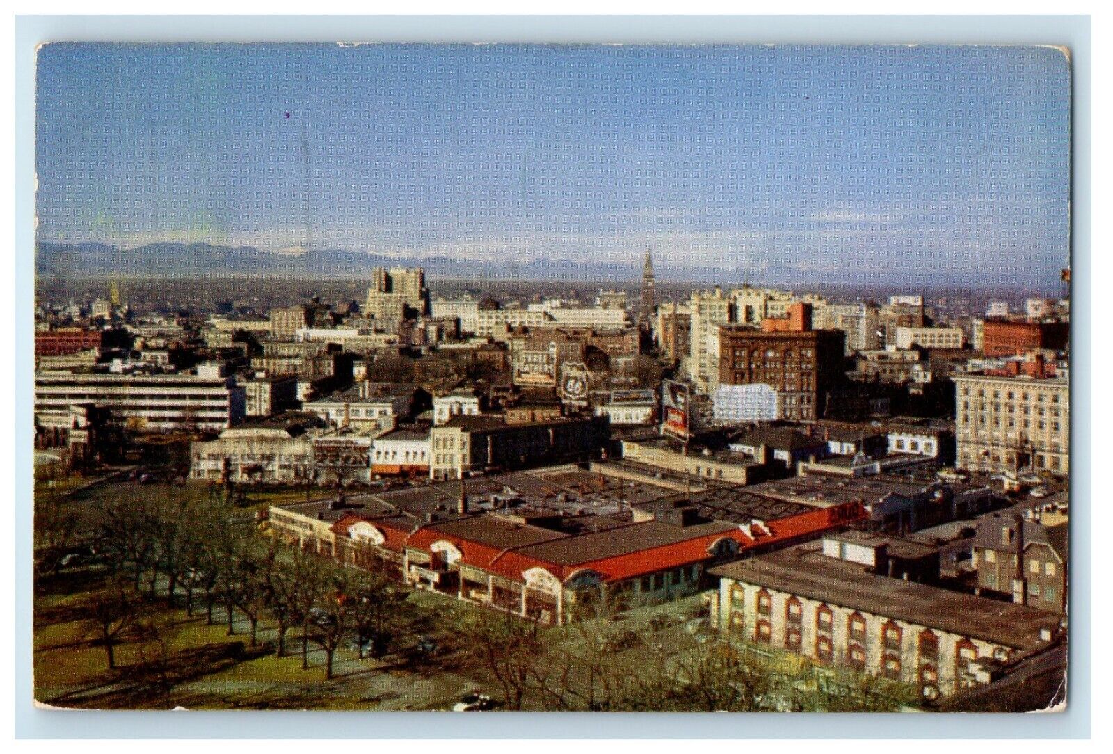 1951 Denver Colorado CO, Bird's Eye View Skyline With Snowcapped Peaks Postcard