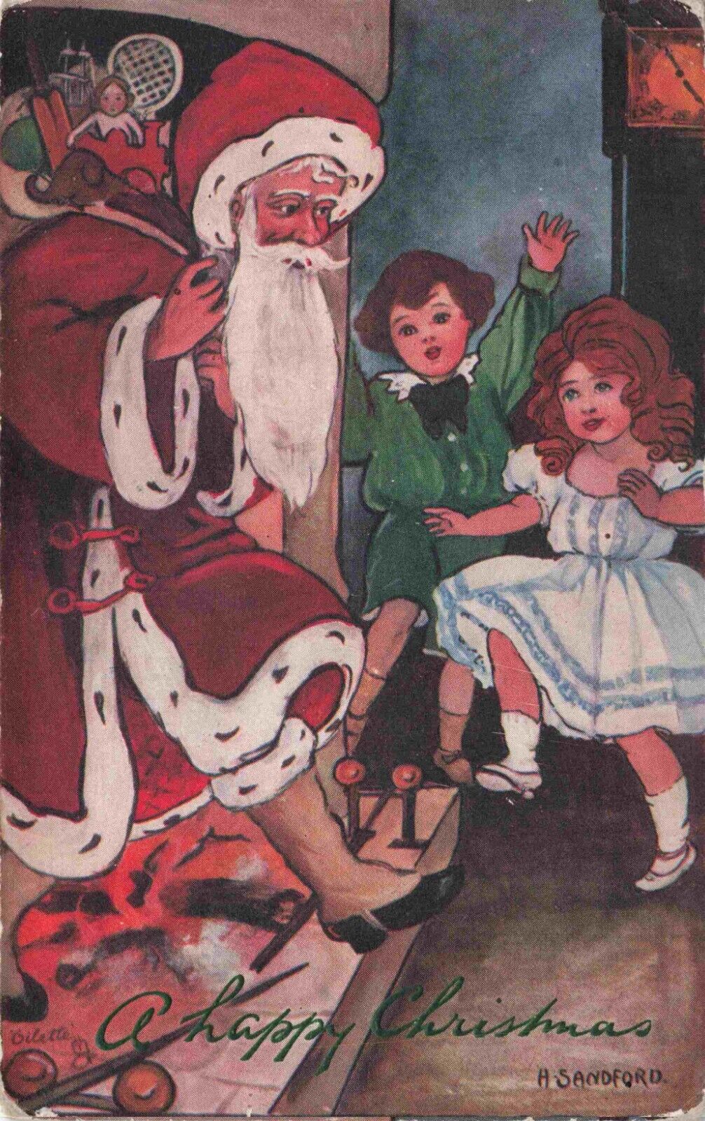 Santa Claus Steps Out of Chimney to Children by Sandford Tucks Oilette Postcard