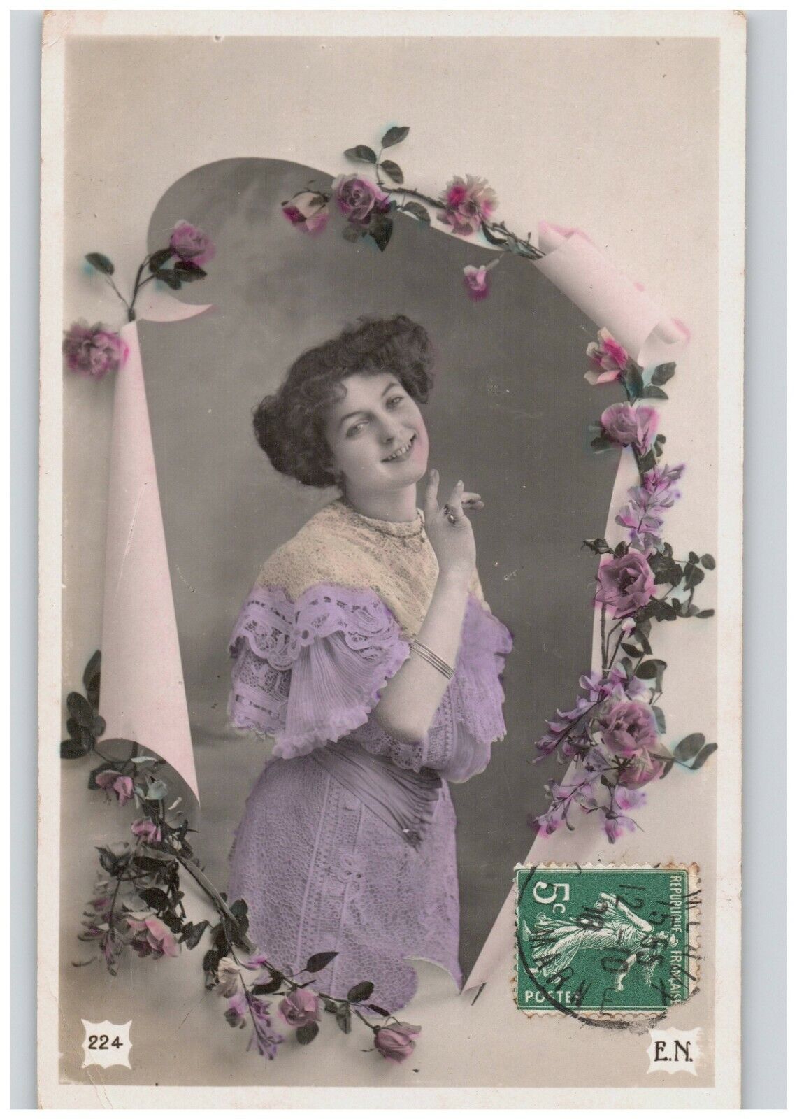 Hand Painted Woman in Lavender Lace Dress with Flowers Studio RPPC