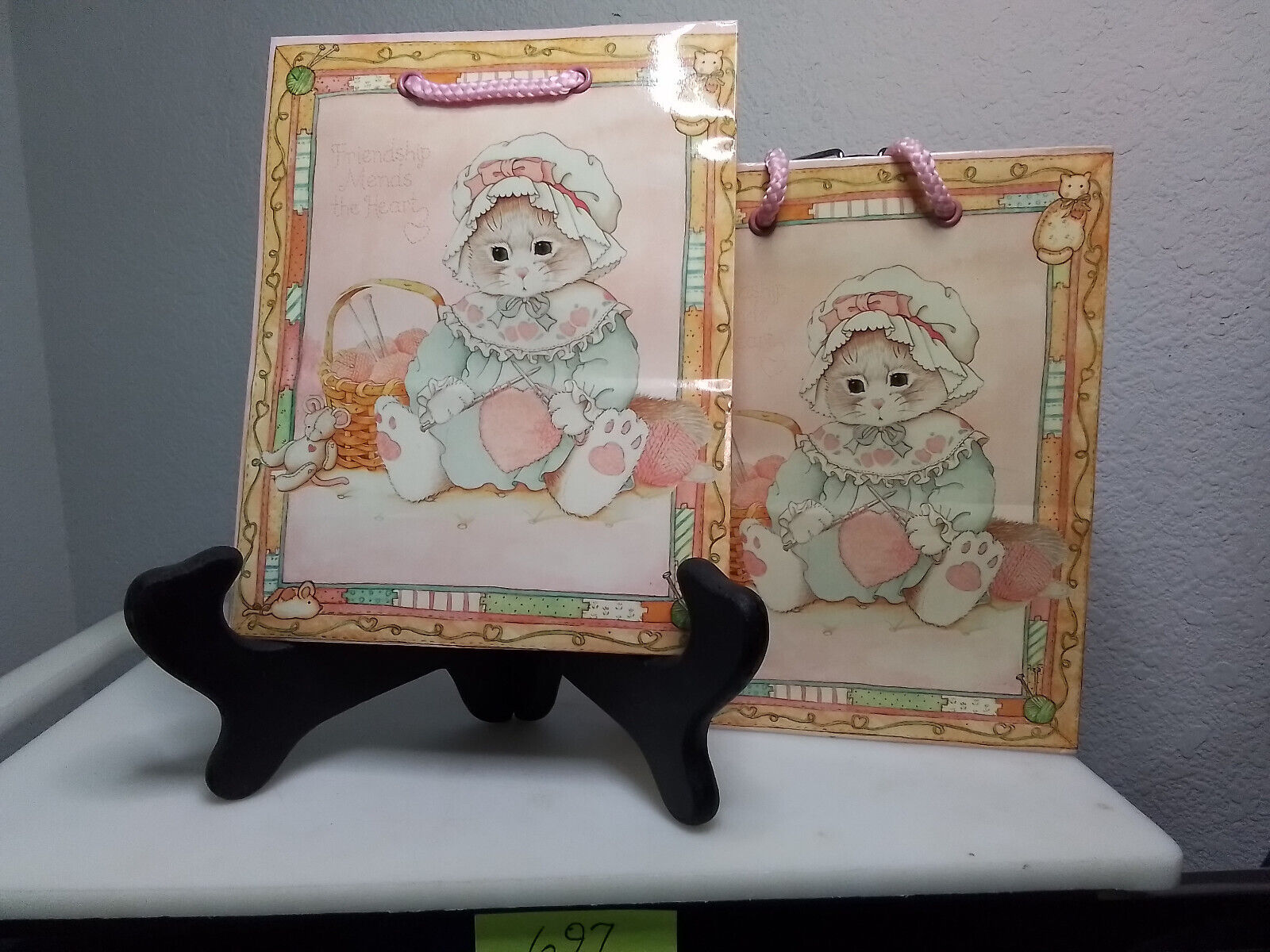 1993 RARE Friendship Mends the Heart Set of 2 Gift Bags 244945 Calico Kittens