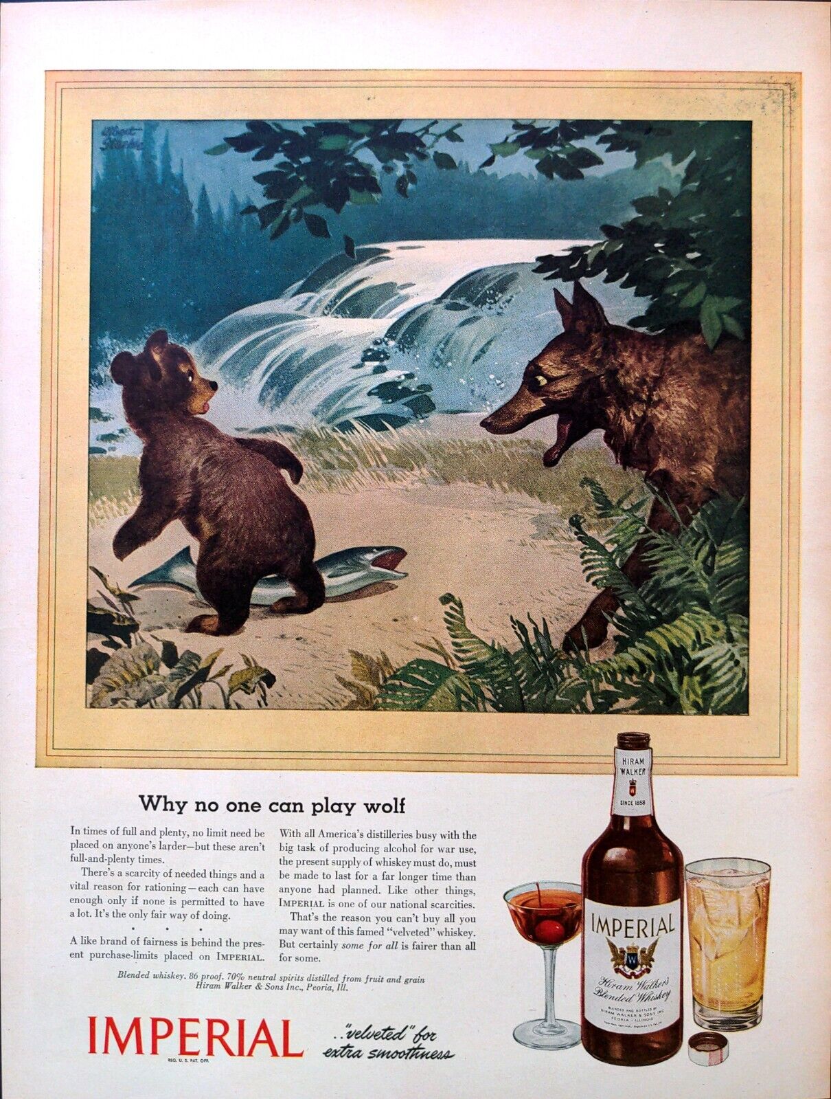 1944 Imperial Blended Whiskey Bear Cub Wolf Fish Rapid Water Vintage Print Ad