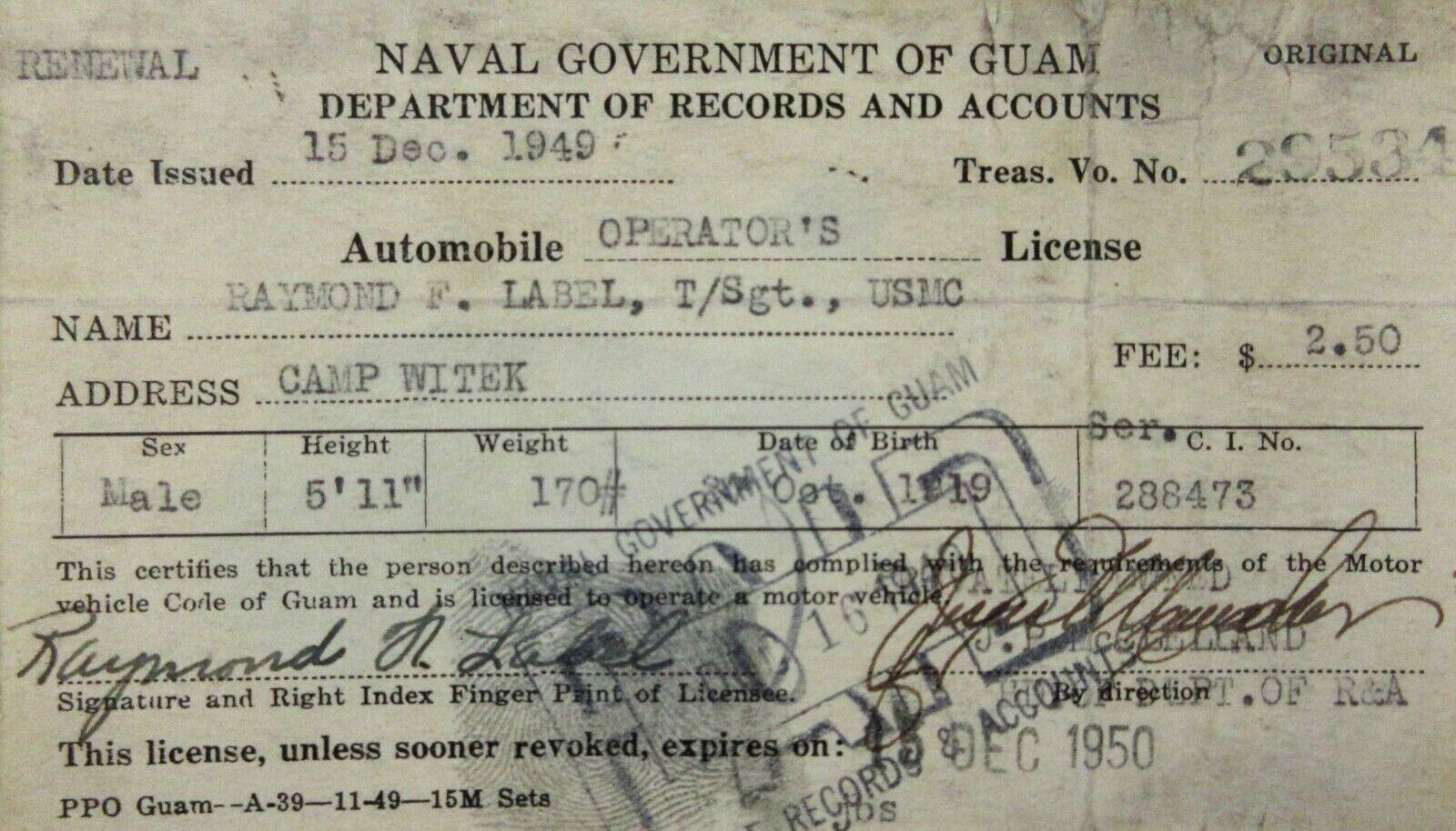 Camp Witek US Navy USMC Driver\'s License Naval Government of Guam 1949