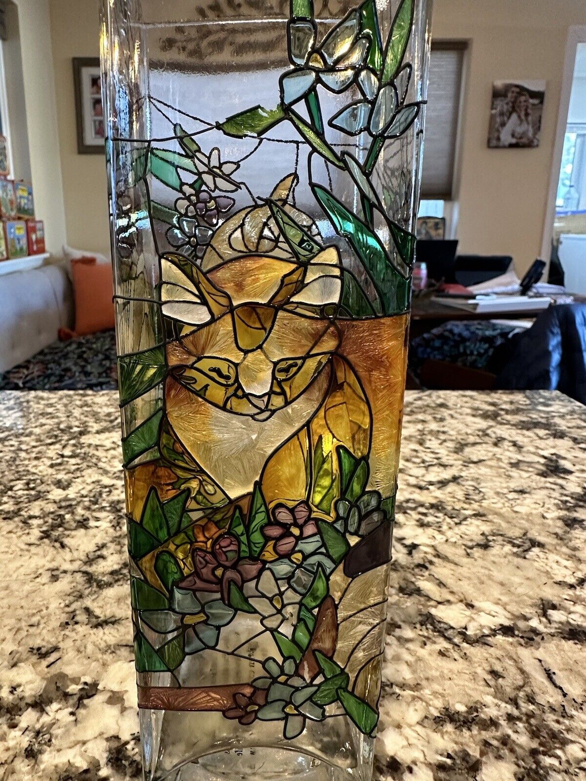 10”Joan Baker Design Hand-painted Cat Vase Tiffany Style STAINED Glass