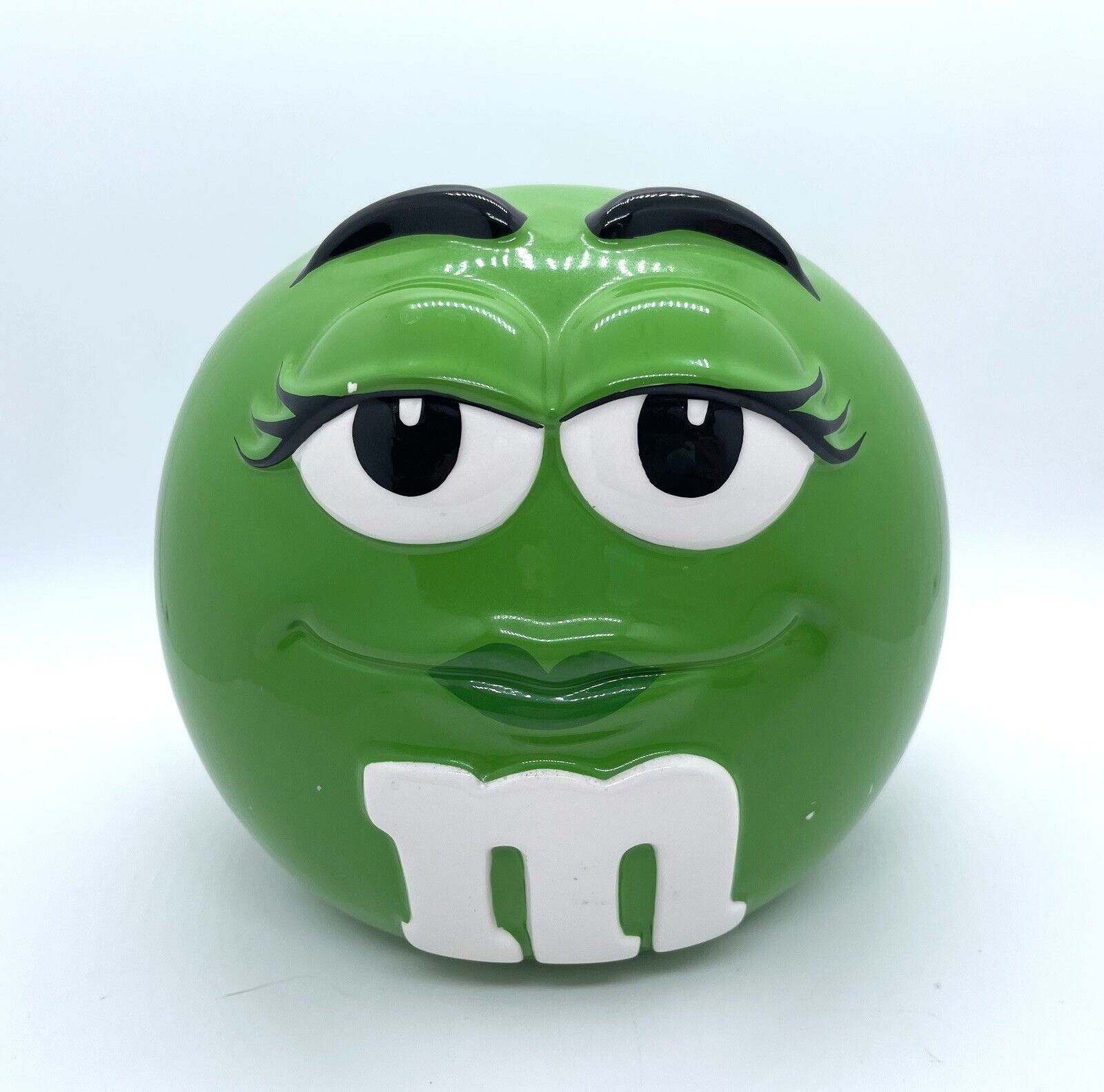 Vtg Ms. GALERIE Green M&M Ceramic Candy Dispenser Cookie Jar Small 5.5” SEE PICS