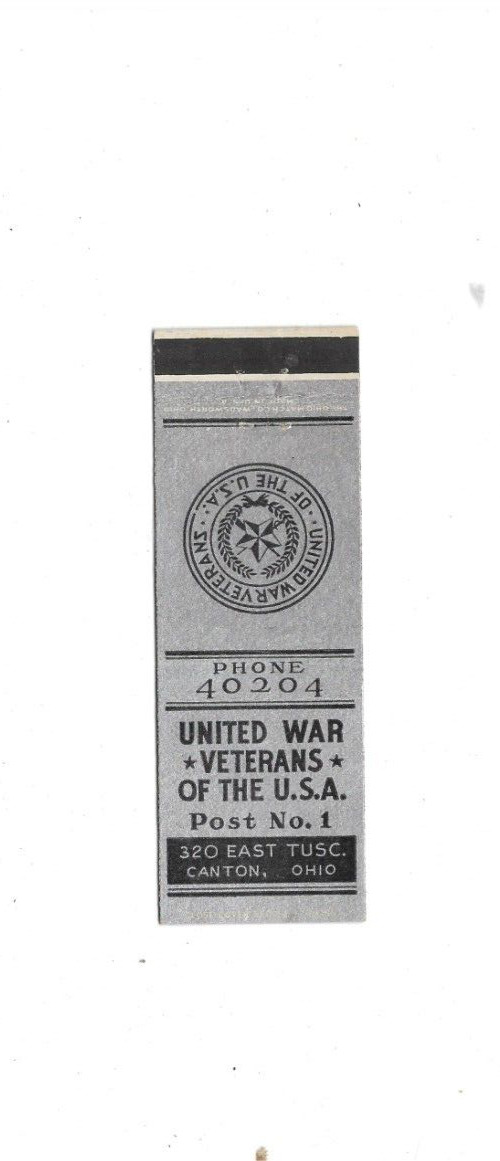 Vintage Matchcover United War Veterans Of The USA Post No  1 Canton Ohio