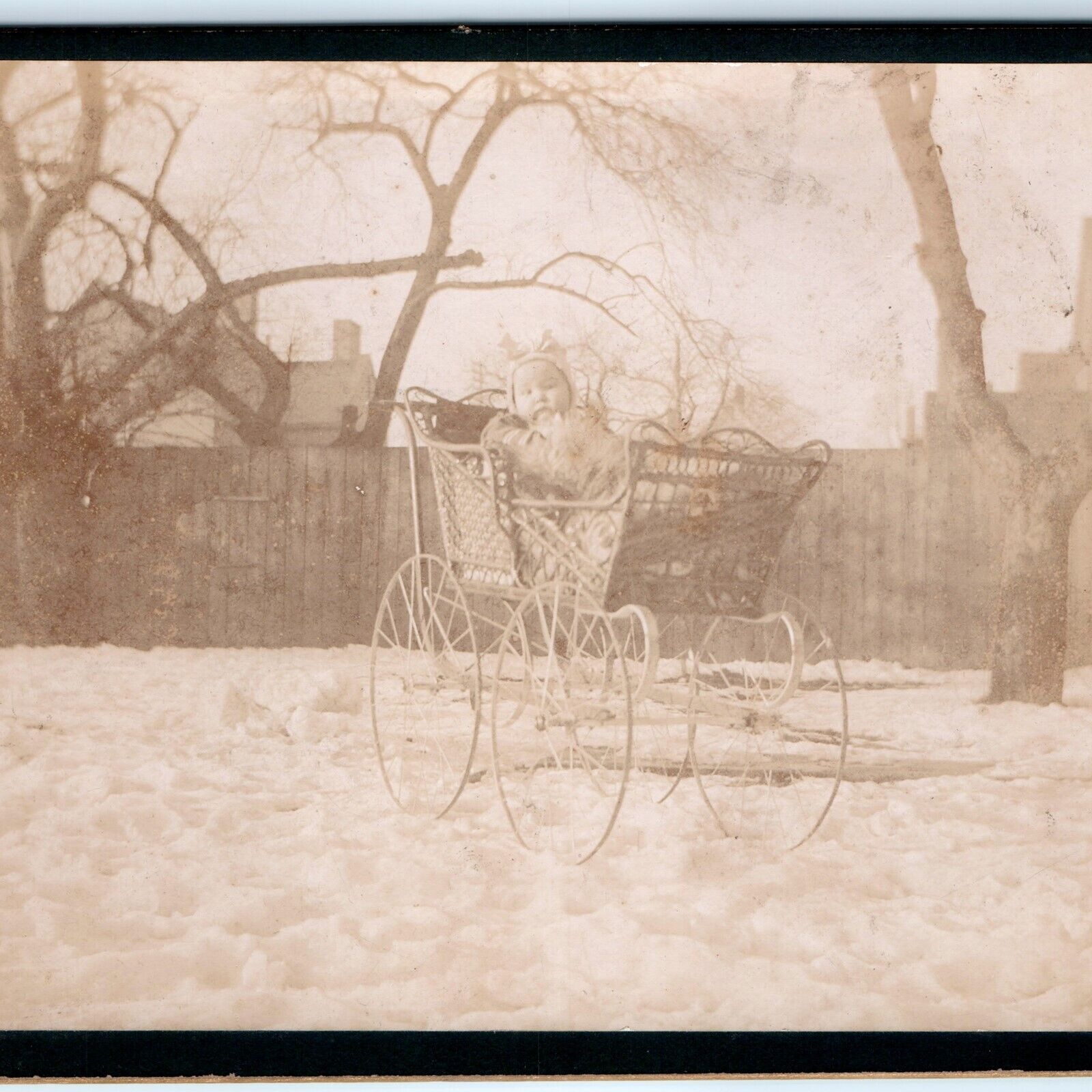 c1900s Outdoors Winter Lovely Baby in Stroller in Snow Cabinet Card Photo B10