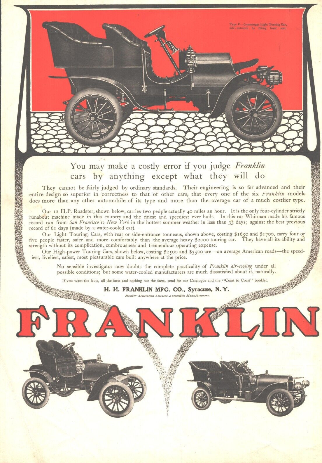 1905 Franklin Type F Light Touring Automobile Antique Print Ad