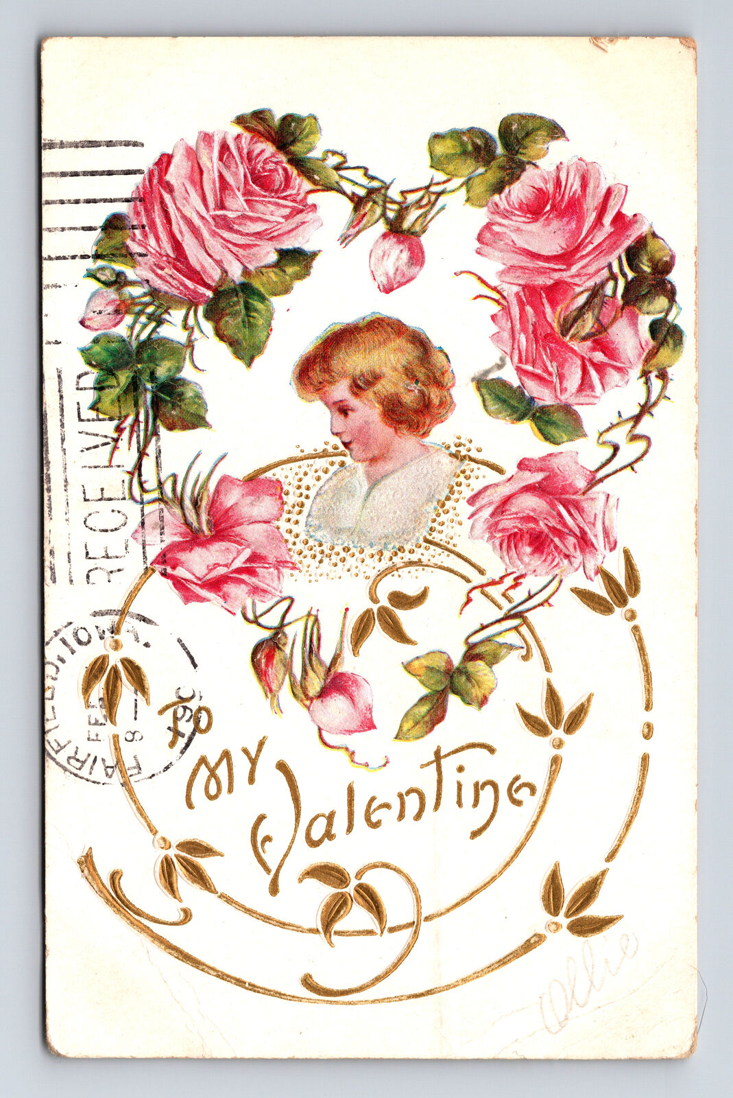 1903 Embossed Valentine\'s Day Woman Roses Gold-Tone Gilding Dudley IA Postcard