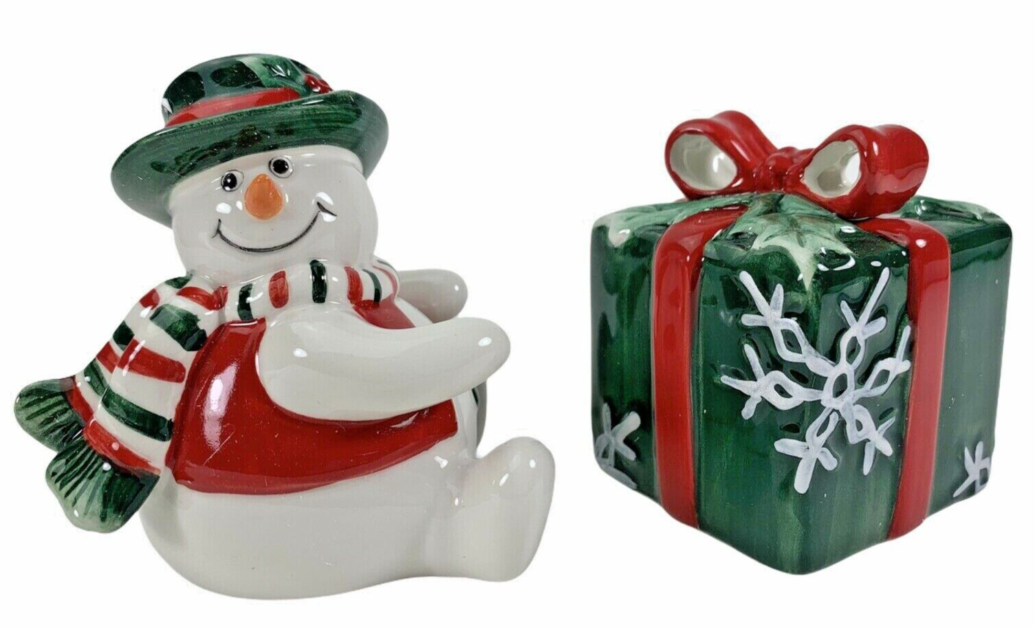 Fitz and Floyd Holiday Snowman Christmas Present Salt and Pepper Shakers 