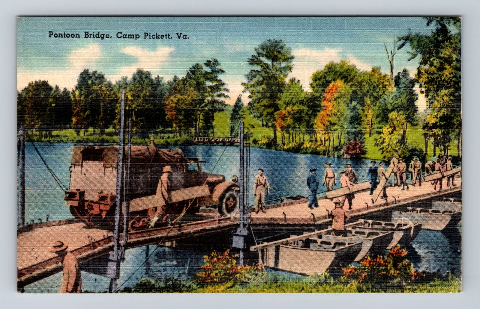 Camp Pickett VA-Virginia Pontoon Bridge, Antique, Vintage Souvenir Postcard