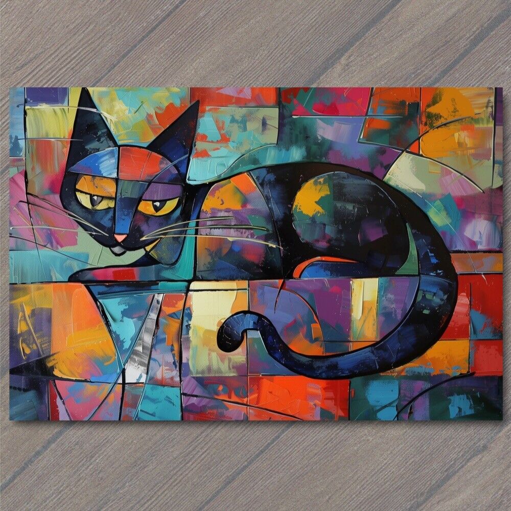POSTCARD Cat And Mouse Unlikely Friends Colorful Cubism Retro Look Cute Funny