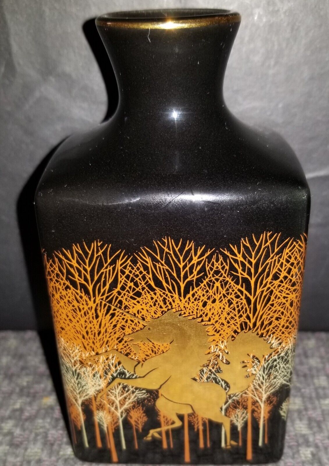 Vintage Otagiri Small Black Vase with Gold Unicorn (Square Shape) -Extraordinary