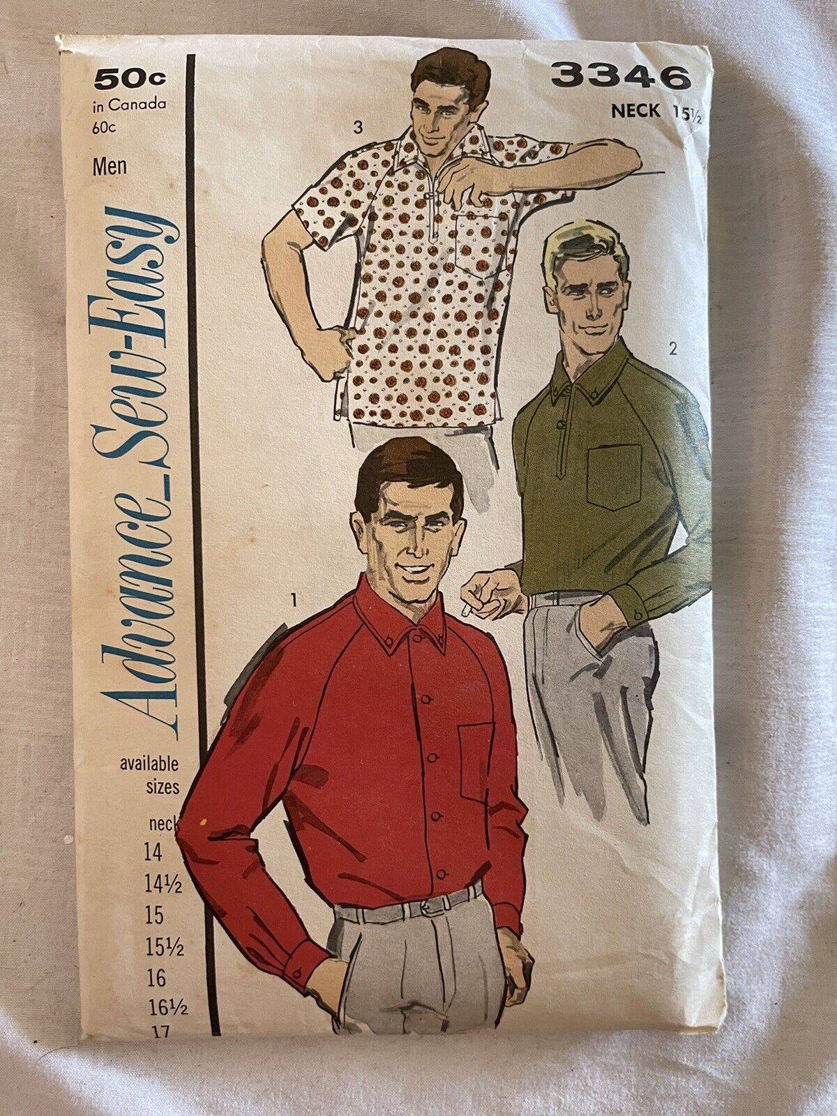 Advance Early 1960’s Sew Easy Pattern #3346 Mens Shirts Chest 40 Neck 15.5