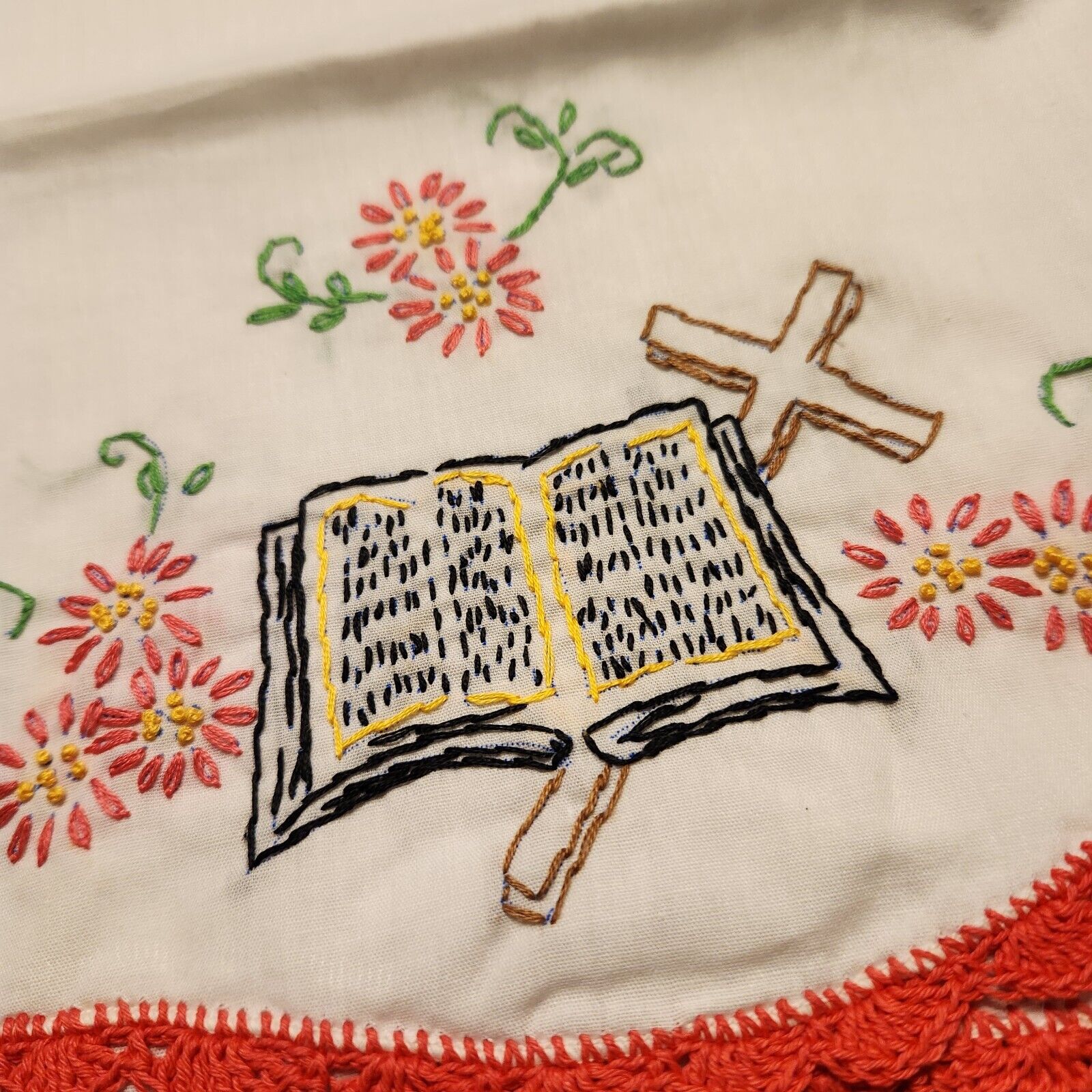 Hand Embroidered White Standard Size Pillowcases Bible Cross Flowers (Set of 2)