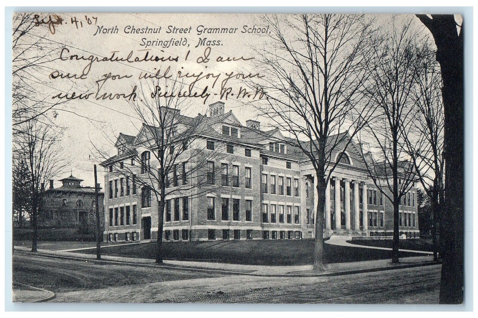 1907 North Chestnut Street Grammar School Exterior Springfield MA Trees Postcard