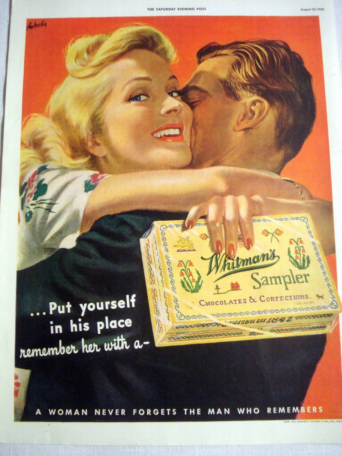 1942 Color Ad Whitman\'s Sampler A Woman Never Forgets The Man Who Remembers