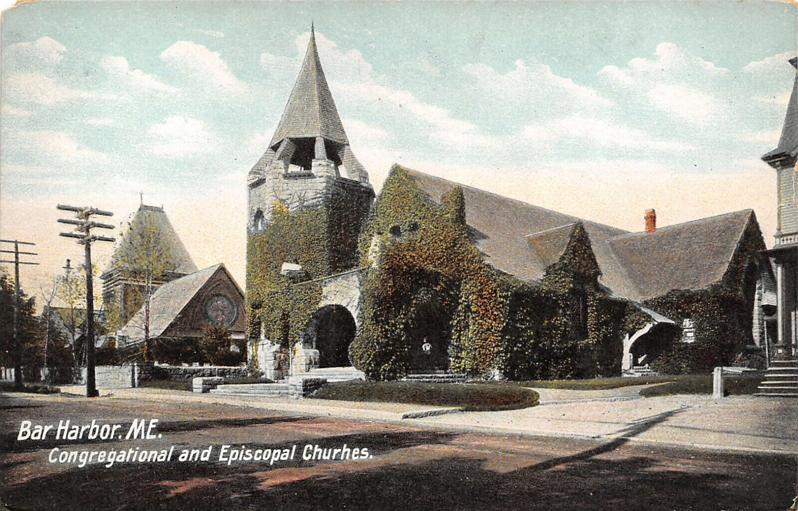 Bar Harbor Maine~Congregational & Episcopal Churches~Ivy Covered~1908 Postcard