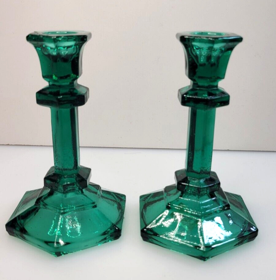 Vintage MCM Millard Lister Green Pressed Glass Taper Candle Stick Holders 5.5''