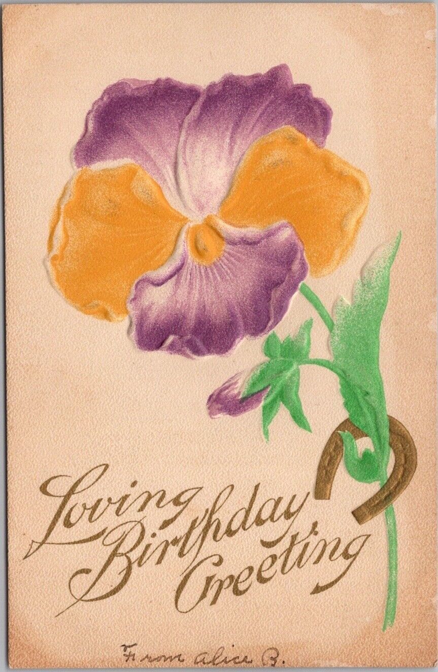 Vintage 1910s HAPPY BIRTHDAY Embossed Postcard Hand-Colored Pansy Flower