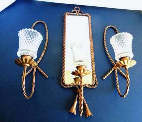Vtg Homco Home Interiors Brass Twisted Rope Mirror & 2 Candle Sconces w/ Cups