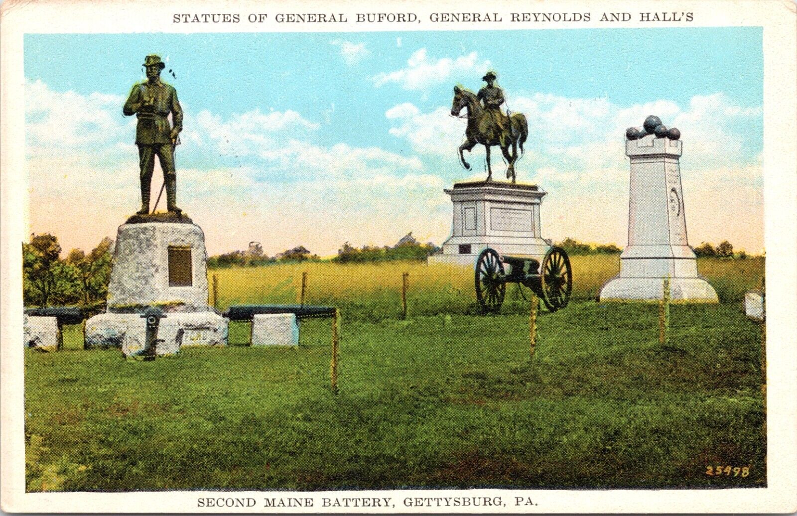 C.1920s Gettysburg PA General Buford Reynolds & Hall\'s 2nd Maine Postcard 133
