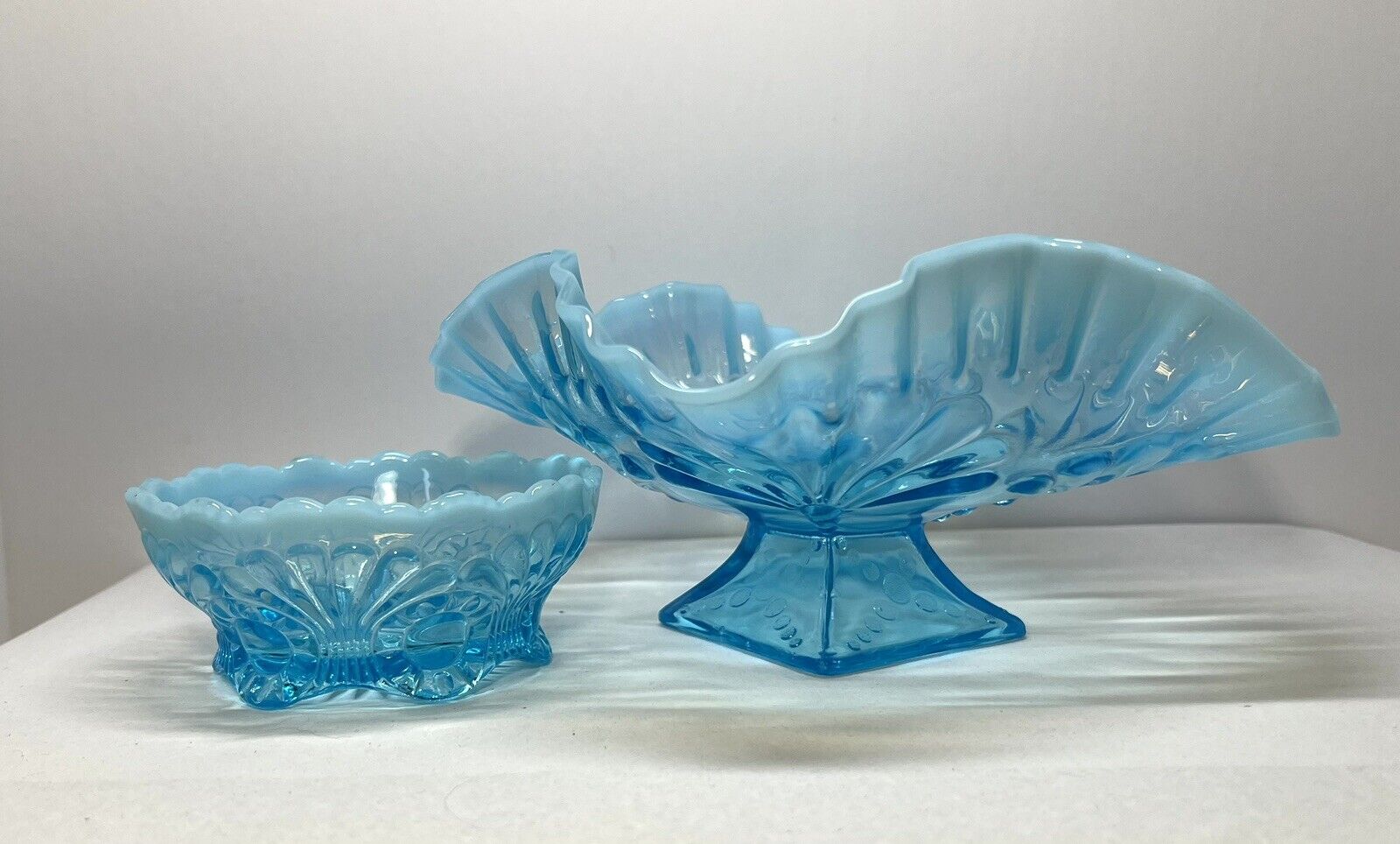 Two Antique Jefferson Glass Blue Opalescent Bowls- Beaded Fan Pedestal, Tokyo