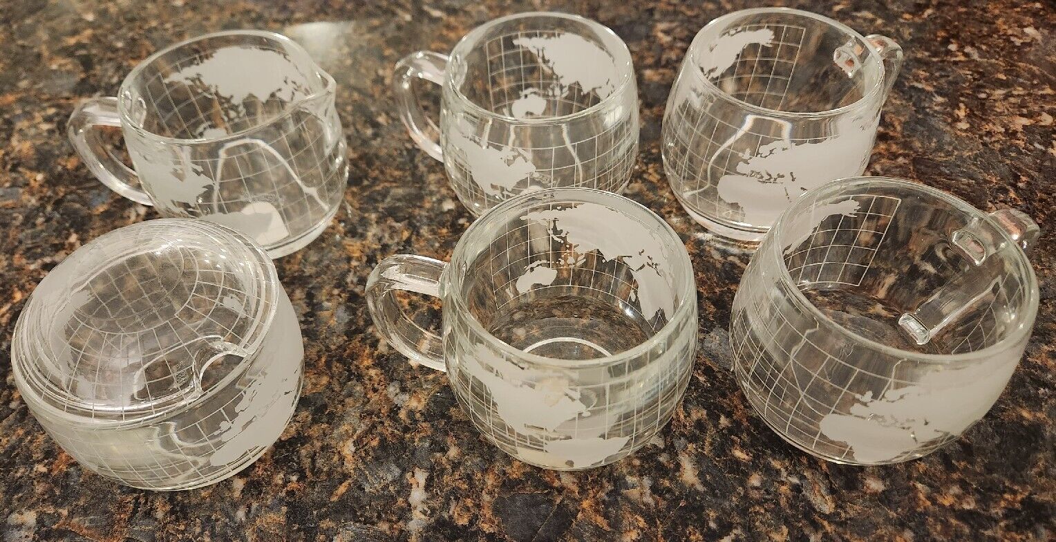 Nestle World Globe Etched Glasses coffee Mugs / sugar / creamer - Mint set of 6 