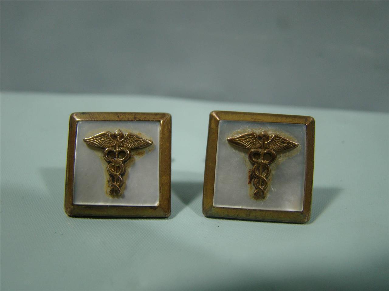 Pair of Vintage Medical Service Caduceus Gold Toned Mother of Pearl Cuff Links