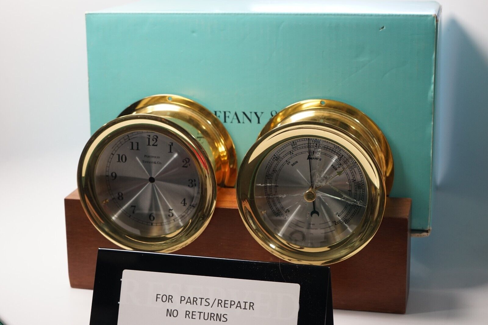 PARTS REPAIR Tiffany & Co. Ship Clock and Barometer Set with Mahogany Base