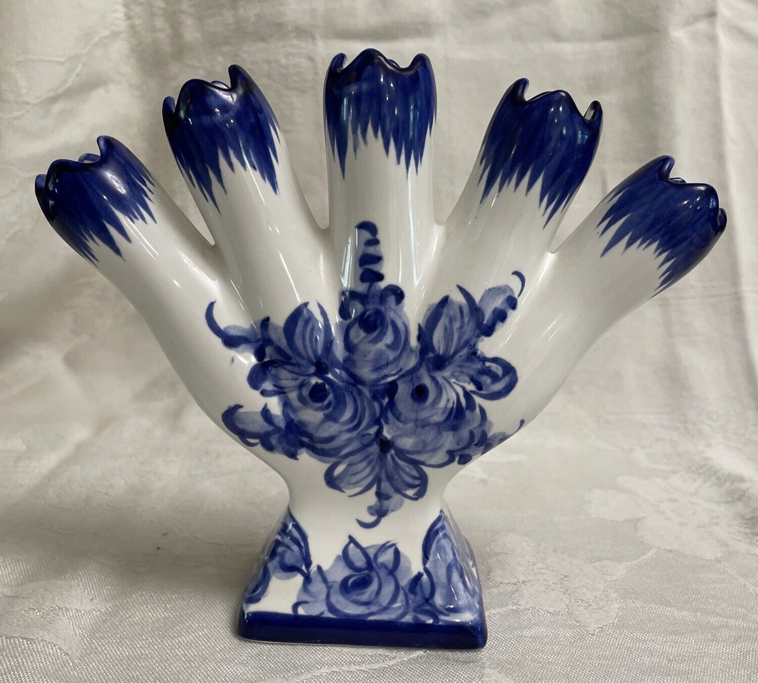 Vintage Hand Painted Five Finger Vase, Portugal, Blue & White Floral Design