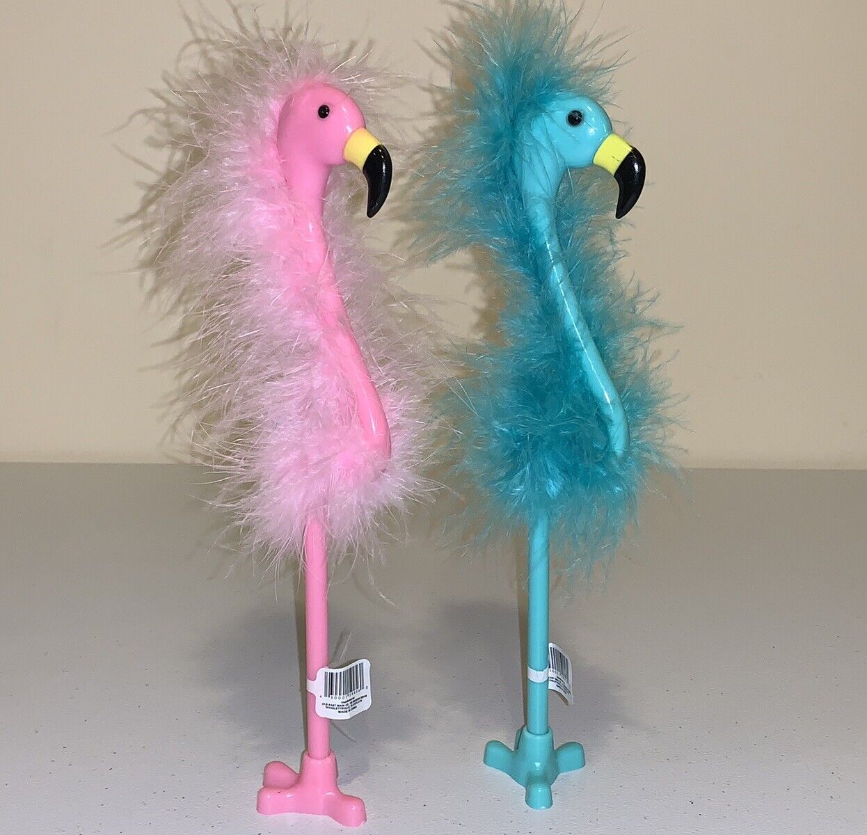 Set of 2 FEATHERY FLAMINGO BIRDS Novelty Blue Ink Pens Pink and Teal NOS