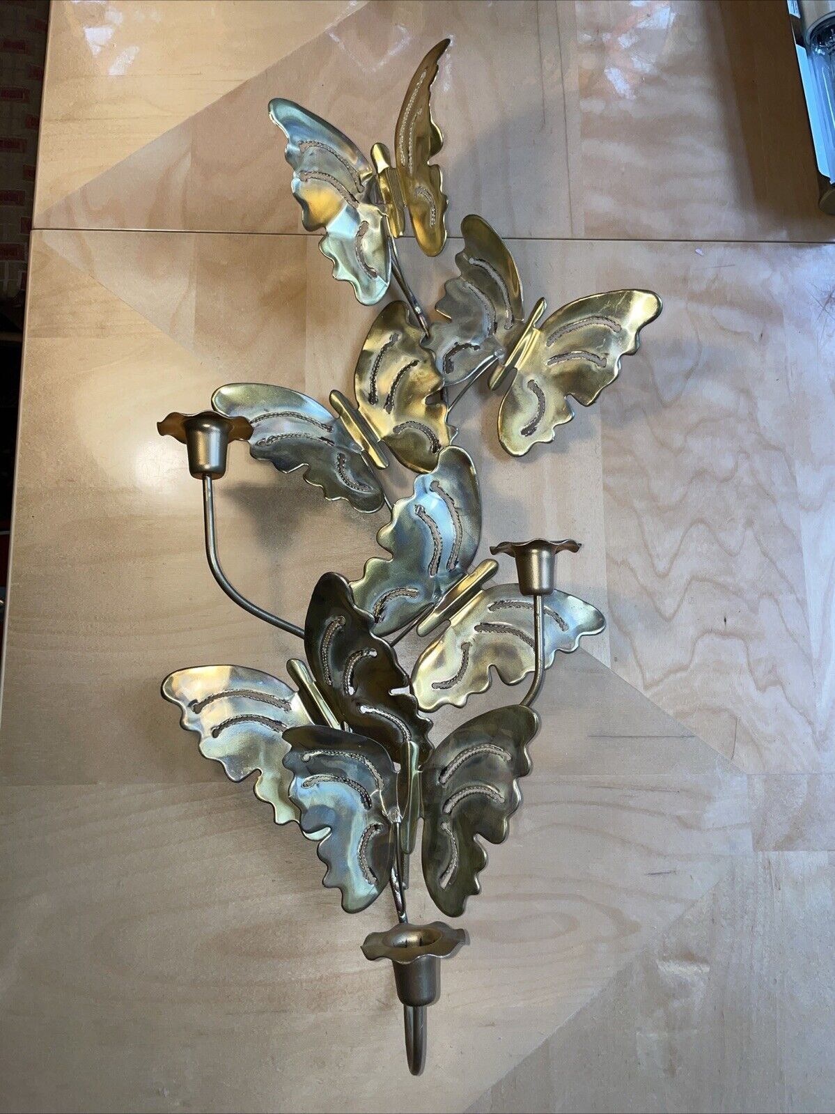 Vintage MCM Large Brass 6 Butterfly 3 Candle Holder Wall Sconce 24” Tall 1960’s