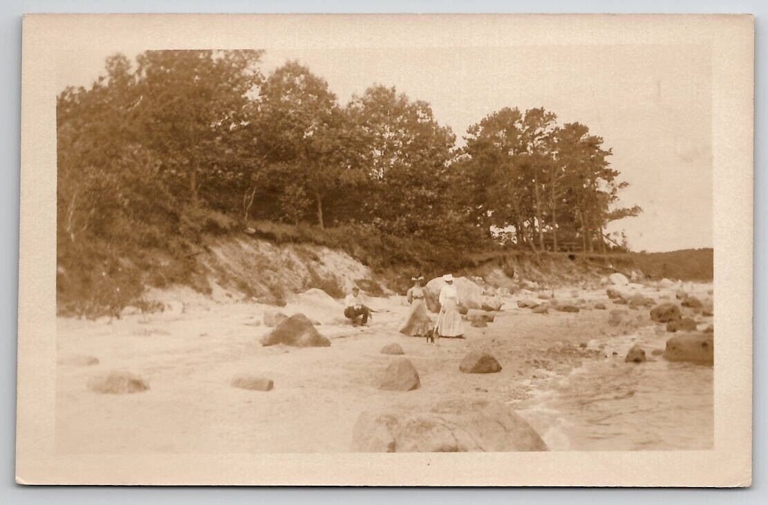 RPPC Victorian Ladies With Terrier Dog On Rocky Beach At Wareham MA Postcard A46