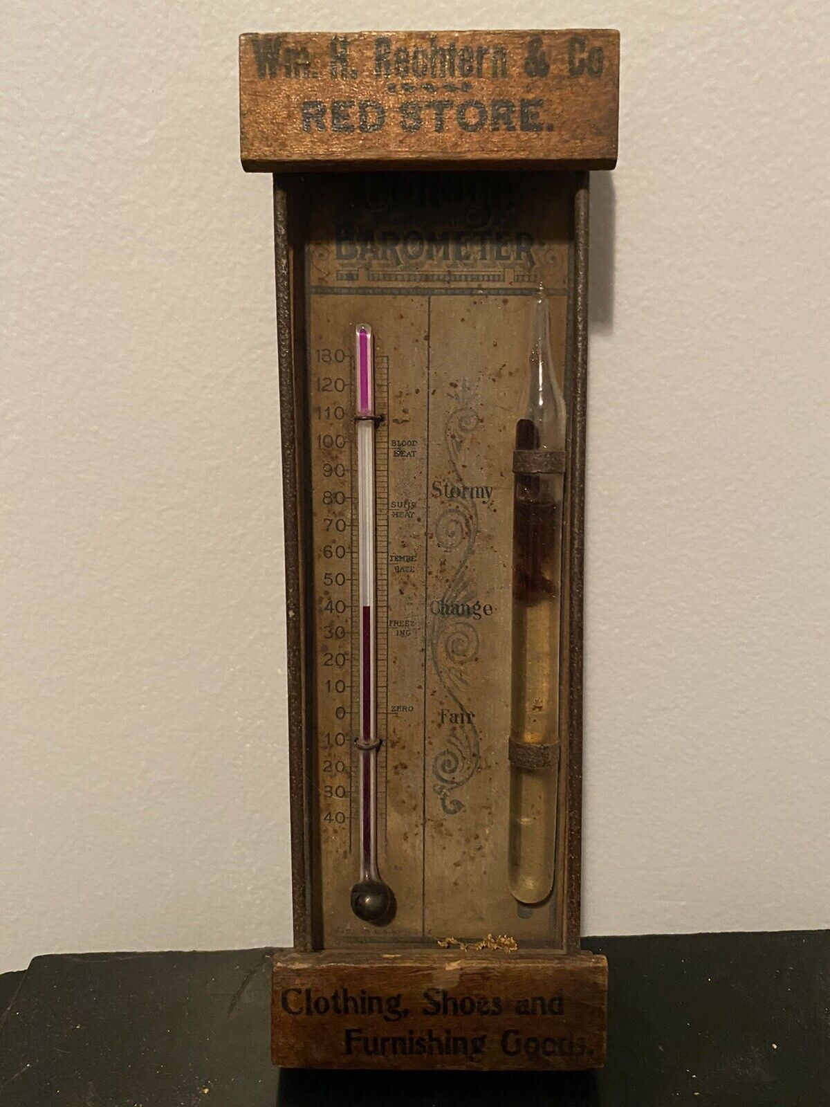 Antique Advertising WM H. Rechtern & Co Red Store Cottage Thermometer Barometer