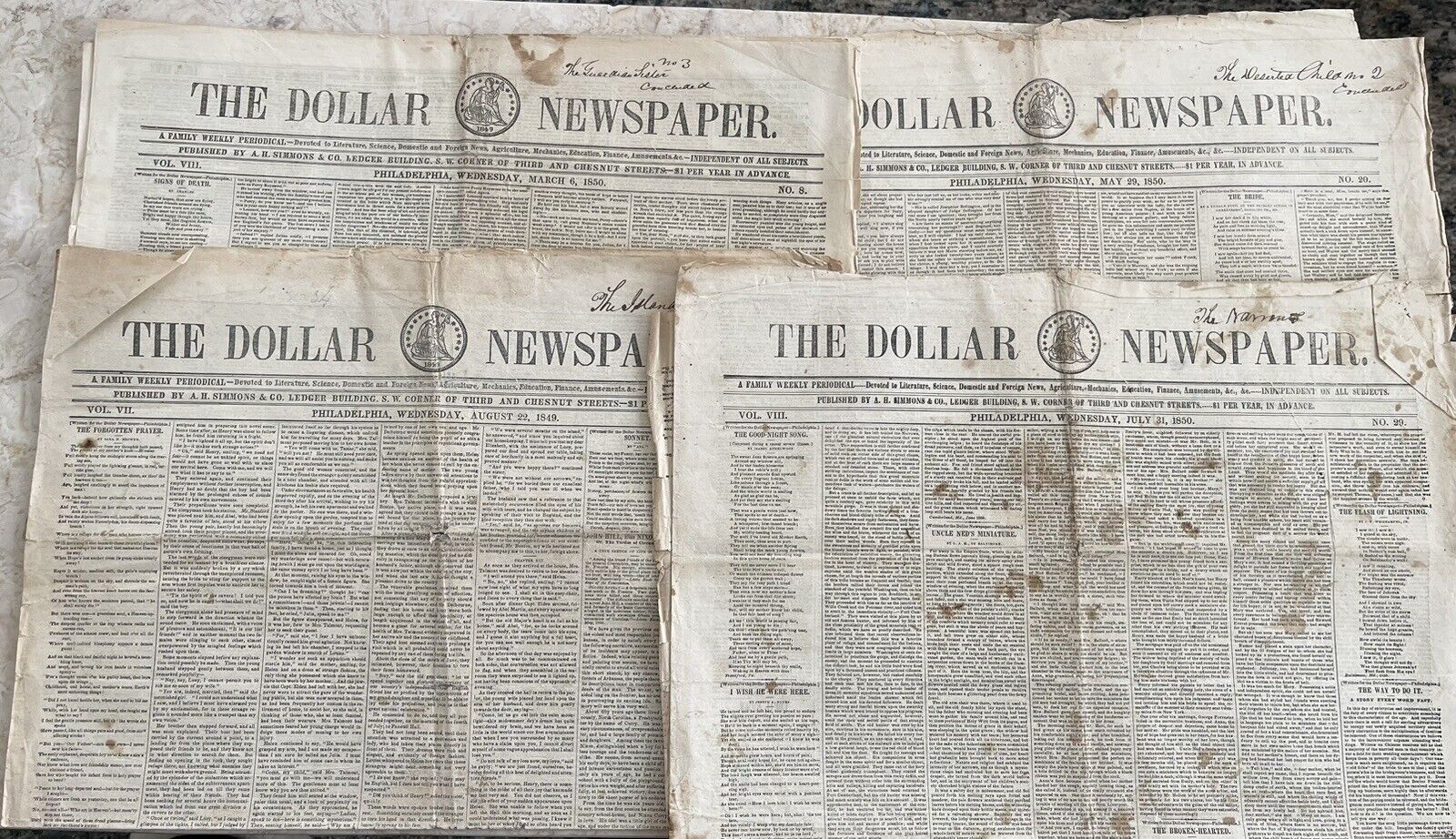 The Dollar Newspapers 1849 - July 1850 Set Of 4  Philadelphia Rare Gold Rush