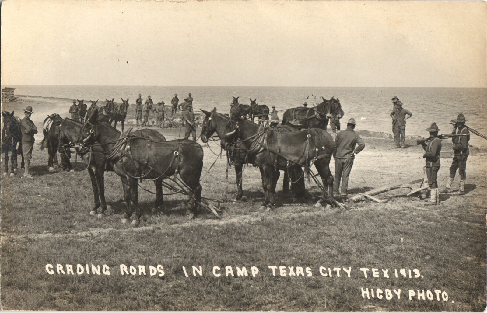 TEXAS CITY, TX, SOLDIERS GRADING CAMP ROADS real photo postcard rppc ARMY 1913