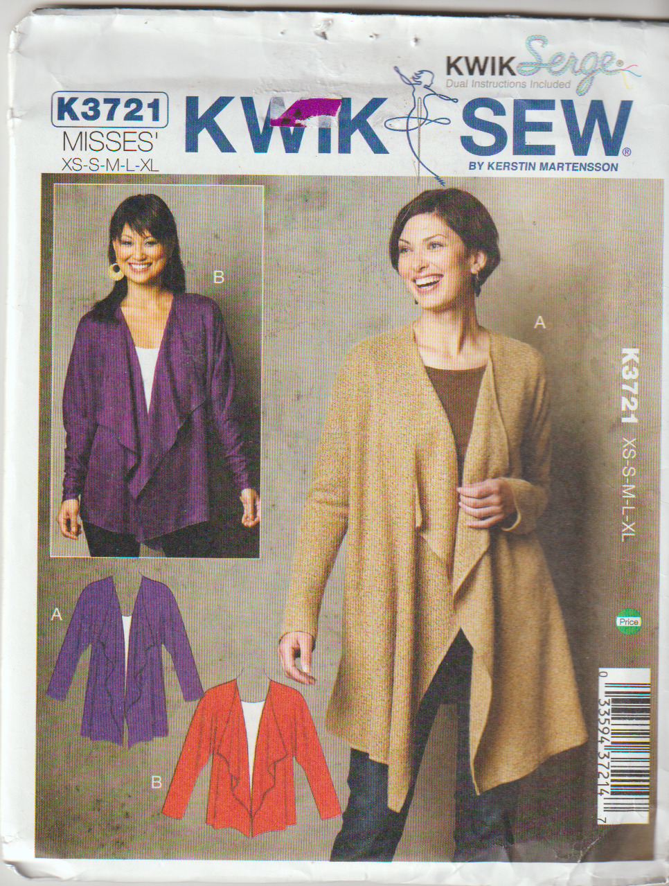 Kwik Sew Sewing Pattern K3721 Misses Dolman Cardigans, XS-XL, FF