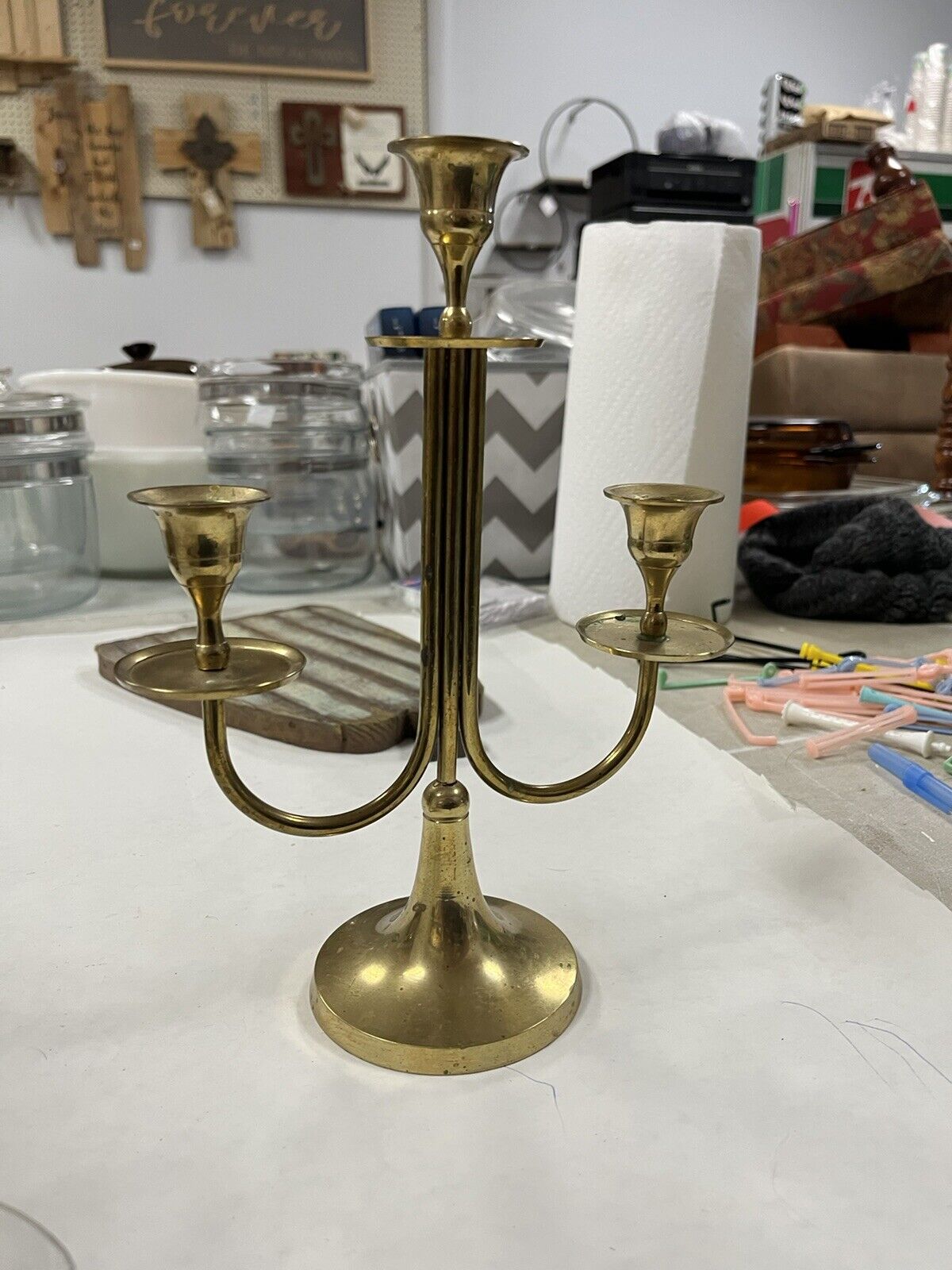 Brass Candle Holder 3 Arm Art Deco Look Table Top Tapers Candlestick Holder