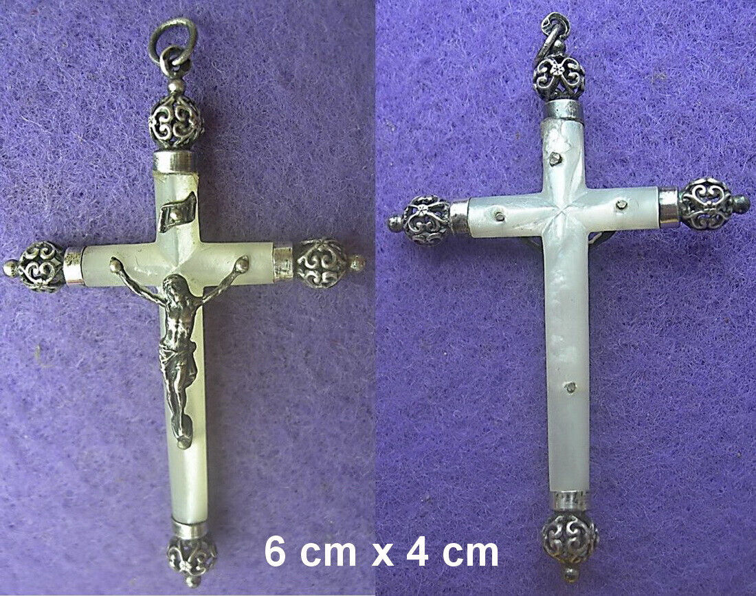 circa 1890 1900 : French, Antique Religious Cross. Silver & Mother of Pearl